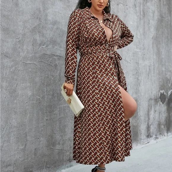 knee length dresses for ladies Plus Size Button Wrap Maxi Dress | Shirt Collar, Daily main image 0